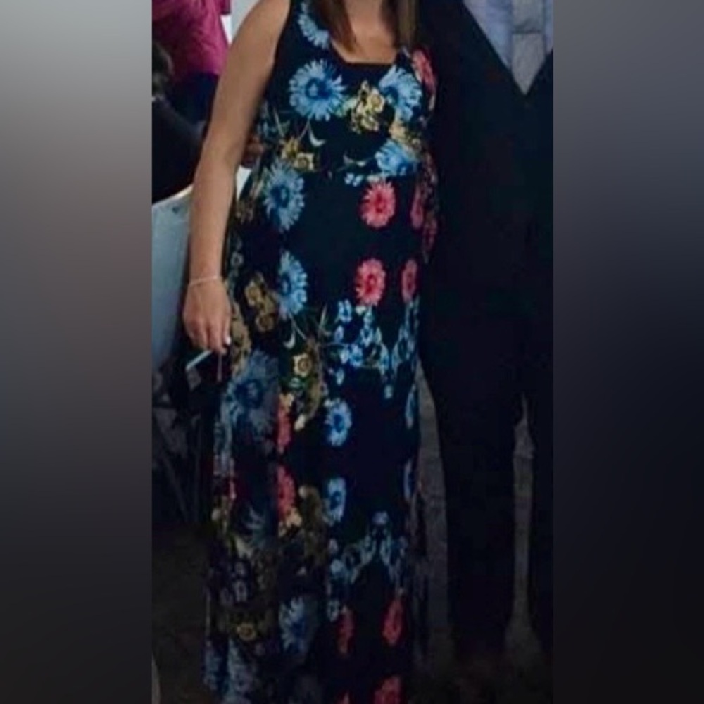 Sz L⭐️Like New WHBM Navy Floral Matte Jersey Faux Wrap Maxi Dress. PTP 17”+